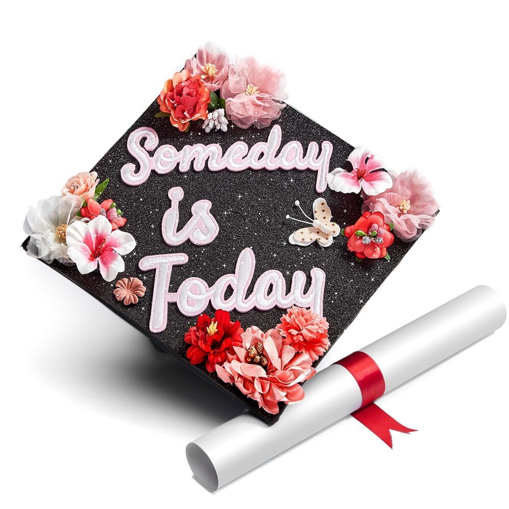 3533 Black Glitter Graduation Cap Topper with Flowers, Graduation